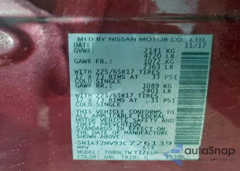 2018 Nissan Rogue S z USA, uszkodzony, nr VIN 5N1AT2MV9JC726139